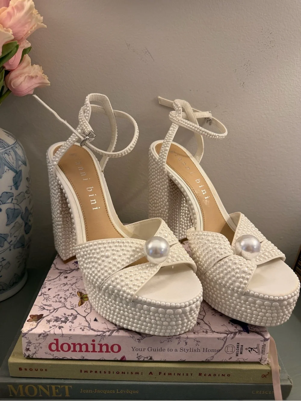 Gianni Bini Pearl-Embellished Ivory Platform Heels